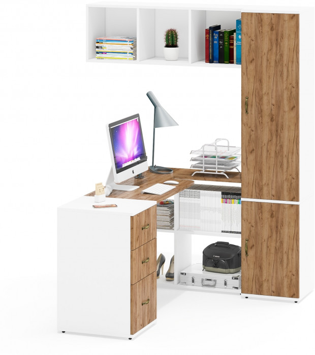 Лидер-8 Стол + Полка + Тумба МД 3.16 + Пенал МД 21Б, цвет белый шагрень/крафт золото, ШхГхВ 245х50/37,5х75/190 или 155х120/50х75/190 см., НЕ ун. сб.