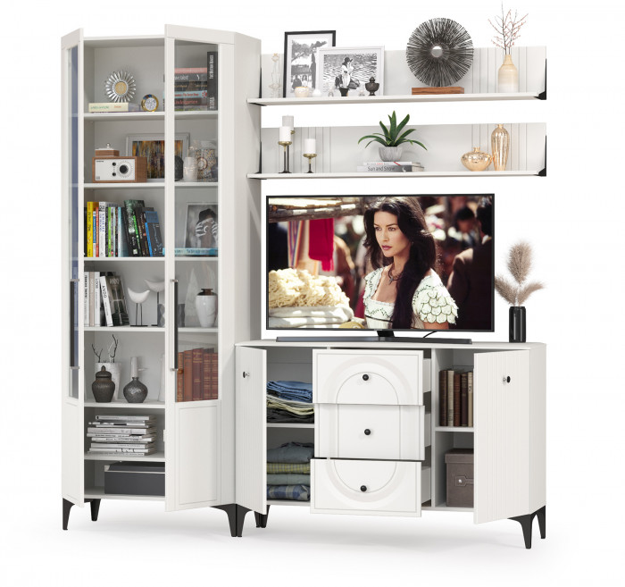 Валенсия Гостиная № 097, цвет ЛДСП белый шагрень/МДФ белый шагрень, ШхГхВ 217,3х38,4х225,2 см., универсальная сборка