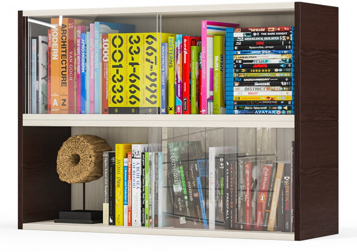 Две полки книжных С-МД-КН01, цвет венге/дуб, ШхГхВ размер каждой полки в отдельности: 83х25х30 см., стеклянные дверцы