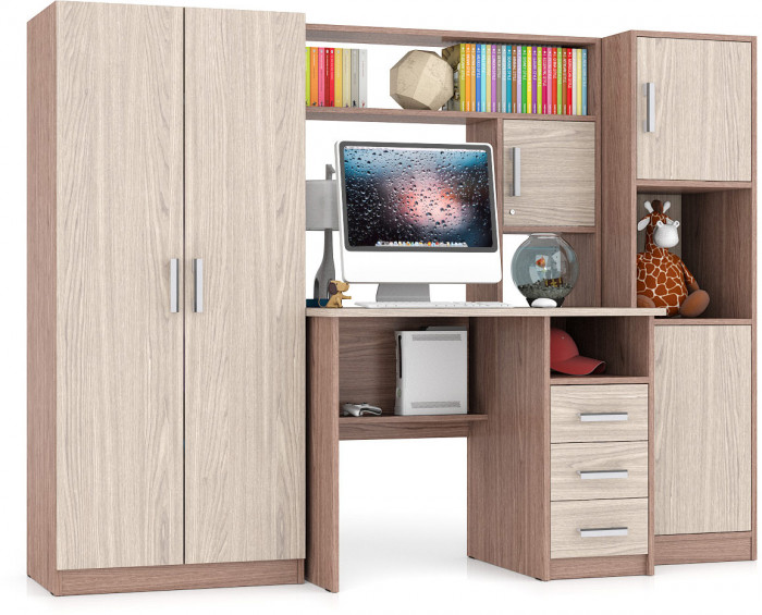 Стол компьютерный С-МД-СК9+Пенал С-МД-СК9П+Шкаф С-МД-СК9Ш, цвет ясень шимо светлый/ясень шимо тёмный, ШхГхВ 215х70х160 см., НЕ универсальная сборка