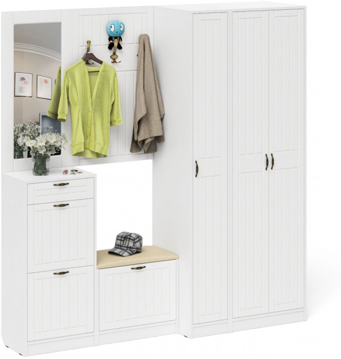 Прихожая П-6 Компоновка № 51, белая шагрень/фасады МДФ белое дерево фрезеровка прованс