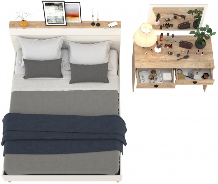 Муссон Кровать 11.41 + ортопед + Бостон 12.69 + Зеркало СВК, цвет белый/дуб эндгрейн элегантный, сп. м. 1600х2000 мм., б/м