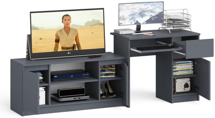 Мори компьютерный стол МС-1 правый + Тумба МТВ1200.1, графит