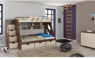 Детская двухъярусная кровать Дельта 20.01+23.02+25 (Мультицвет, Дуб молочный)