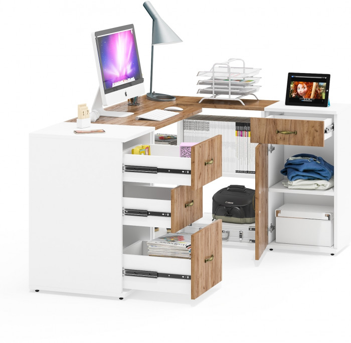 Лидер-8 Стол + Тумба МД 3.15 + Тумба МД 3.16, цвет белый шагрень/крафт золото, ШхГхВ 245х50/30х75 см. или 115х50/160х75 см., НЕ универсальная сборка