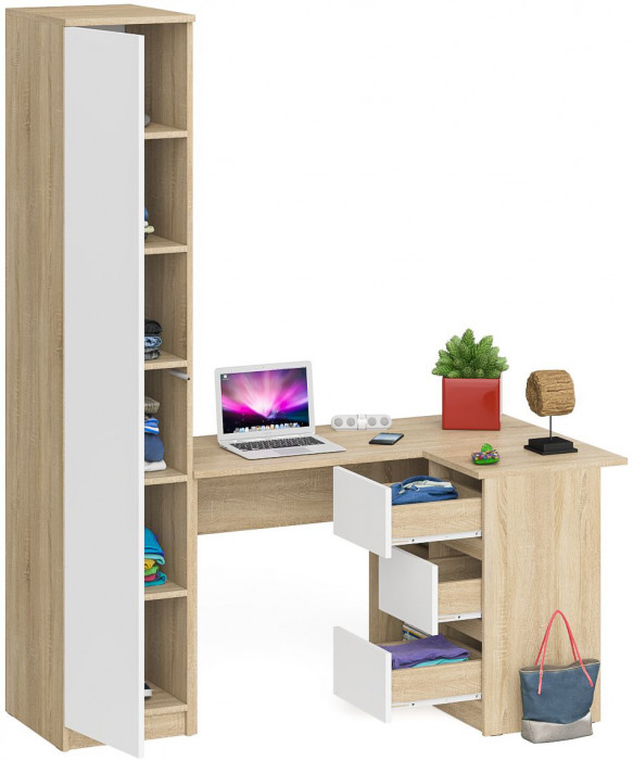 Мори Стол компьютерный МС-16 правый + Пенал МШ400.1, цвет дуб сонома/белый, ШхГхВ 164,8х84,9х209,6 см., выдвижные ящики справа, НЕ универс. сборка