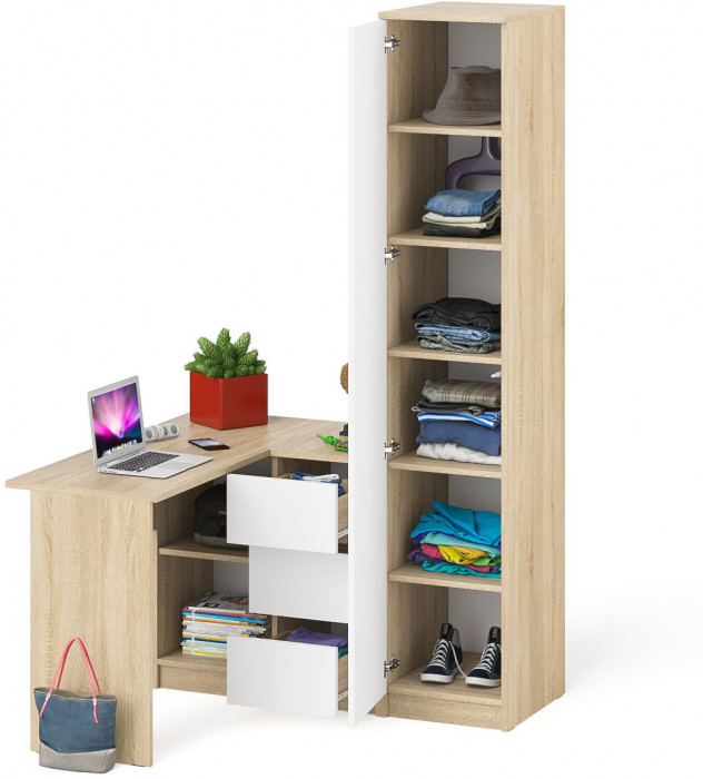 Мори Стол компьютерный МС-16 правый + Пенал МШ400.1, цвет дуб сонома/белый, ШхГхВ 164,8х84,9х209,6 см., выдвижные ящики справа, НЕ универс. сборка