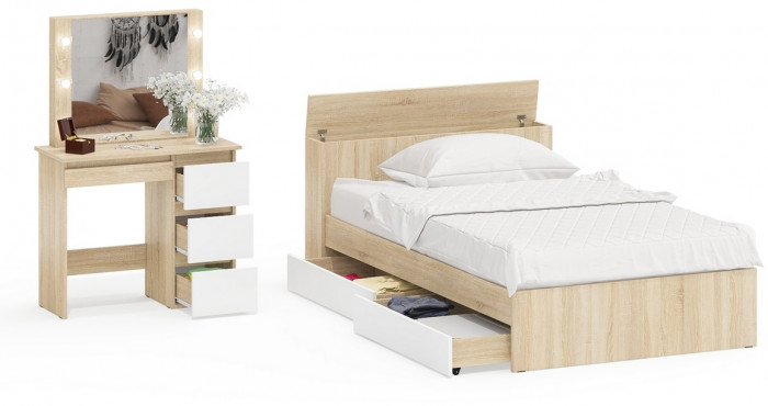 Ксения Кровать с ящиками 1200 + Стол косметический с подсветкой Сура, дуб сонома/белый