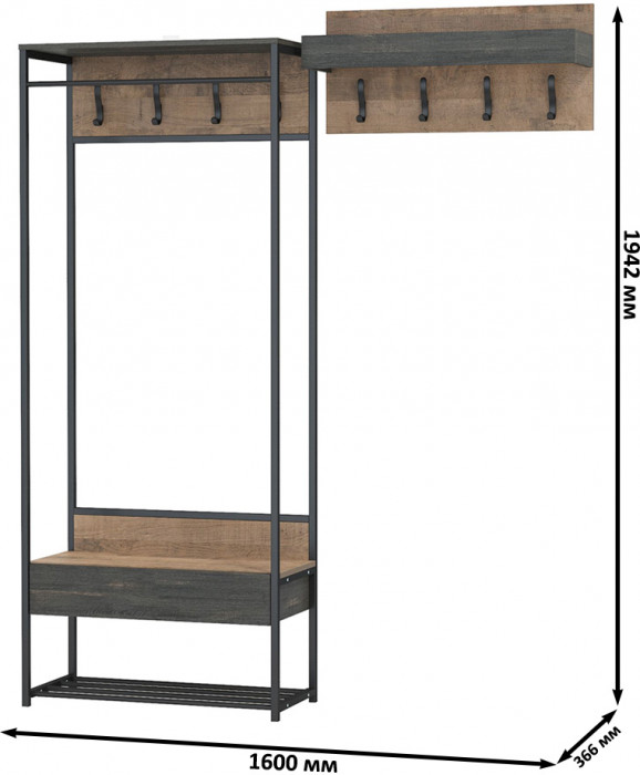 Трувор 15.120 Прихожая + 15.04 Вешалка, цвет дуб гранж песочный/интра, ШхГхВ 160х36,6х194,2 см., универсальная сборка