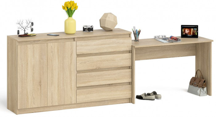 Мори Стол письменный МСП1200.1 + Комод МК1600.1, цвет дуб сонома, ШхГхВ 280,8х50х94 см., универсальная сборка