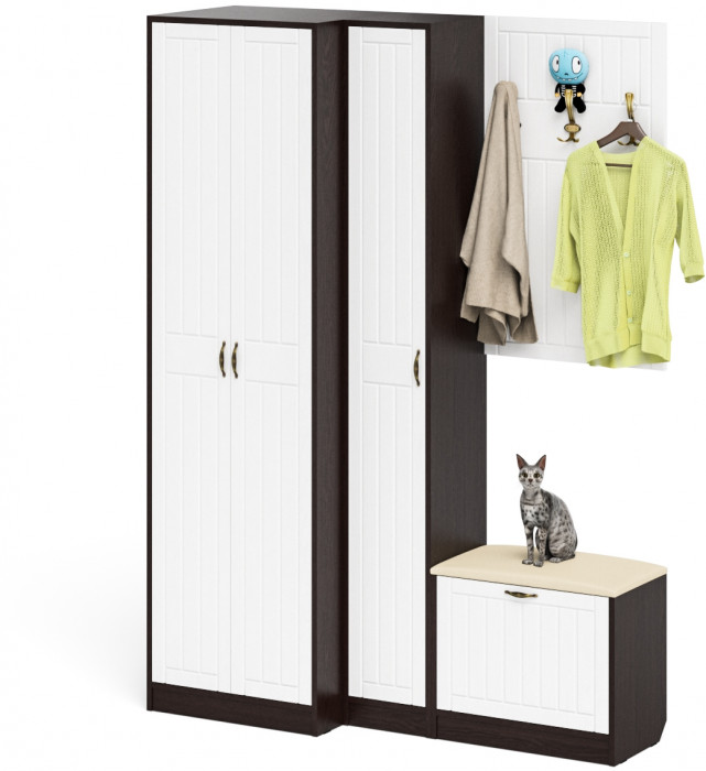 Прихожая П-6 Компоновка № 27, цвет венге/фасады МДФ белое дерево фрезеровка прованс, ШхГхВ 150х50х210 см., универсальная сборка