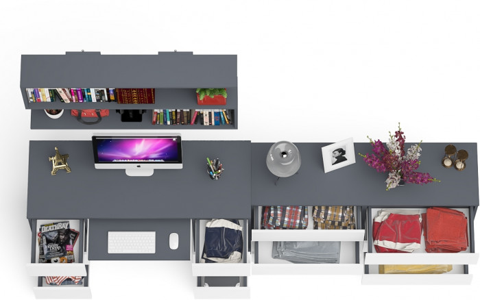 Мори компьютерный стол МС-2 + Комод МК1380.6 + Полка 1200, графит/белый