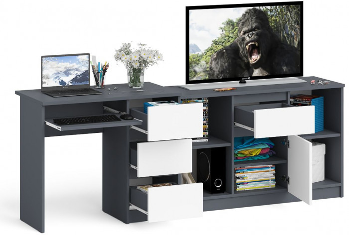 Мори компьютерный стол МС-6 правый + Тумба МТВ1204.1, графит/белый