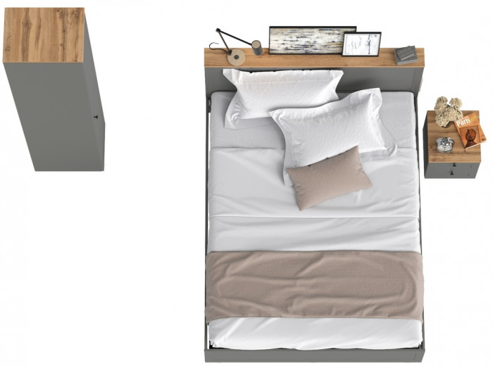 Остин 11.53 Кровать + ортопед + 13.225 Шкаф-пенал + 16.152 Тумба прикроватная, серый графит/дуб крафт золотой