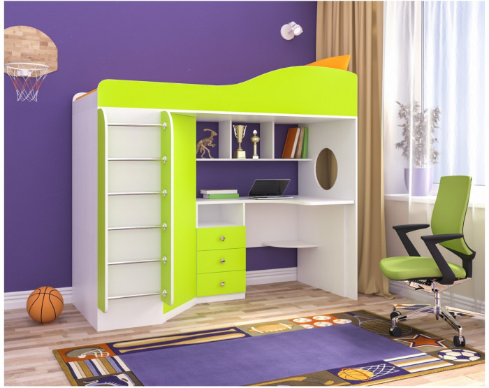 Кровать-чердак Кадет 1 с металлической лестницей (Дуб молочный/Оранжевый)