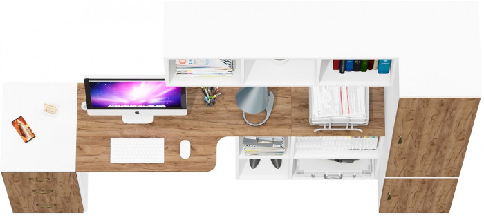 Лидер-8 Стол + Полка + Тумба МД 3.16 + Пенал МД 23Б, цвет белый шагрень/крафт золото, ШхГхВ 245х50/37,5х75/190 или 155х120/50х75/190 см., НЕ ун. сб.