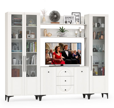 Валенсия Гостиная № 099, цвет ЛДСП белый шагрень/МДФ белый шагрень, ШхГхВ 272,3х38,4х225,2 см., ниша для ТВ 133х38х90 см., универсальная сборка