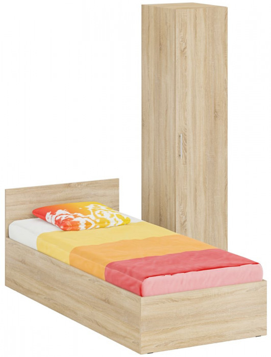 Кровать 0900 + Пенал Стандарт, цвет дуб сонома, ШхГхВ 93,5х203,5х70 + 45х52х200 см., сп.м. 900х2000 мм., без матраса, основание есть