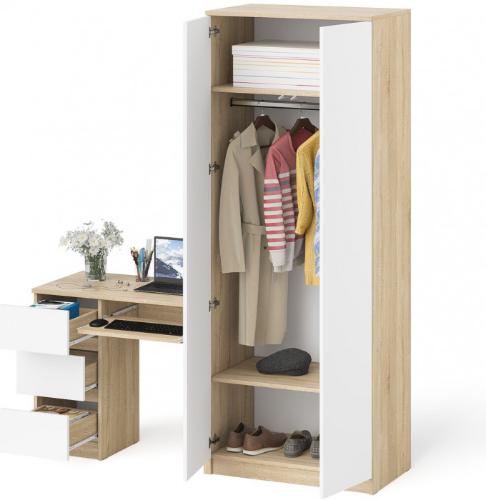 Мори Стол компьютерный МС-6 левый + Шкаф МШ800.1, цвет дуб сонома/белый, ШхГхВ 170,4х50,4х209,6 см., выдвижные ящики слева, НЕ универсальная сборка