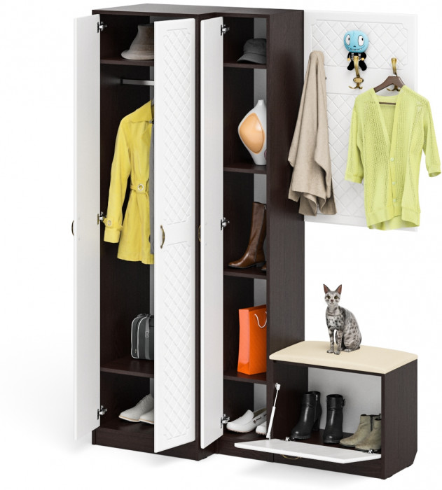 Прихожая П-6 Компоновка № 27, цвет венге/фасады МДФ белое дерево фрезеровка ромб, ШхГхВ 150х50х210 см., универсальная сборка