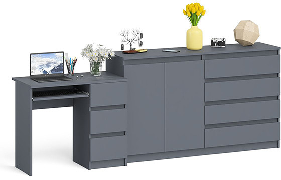 Мори Стол компьютерный МС-6 правый + Комод МК1600.1, цвет графит, ШхГхВ 250,4х50х94 см., выдвижные ящики справа, НЕ универсальная сборка