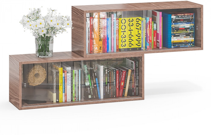 Две полки книжных С-МД-КН01, цвет ясень шимо тёмный, ШхГхВ размер каждой полки в отдельности: 83х25х30 см., стеклянные дверцы