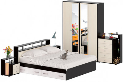 Камелия спальня № 11 Кровать с ящиками 1800 + Две тумбы + Комод + Шкаф 4-х створчатый, цвет венге/дуб лоредо, сп.м. 1800х2000 мм., б/м, основание есть