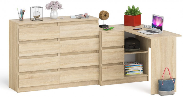 Мори компьютерный стол МС-16 левый + Комод МК1200.8, дуб сонома
