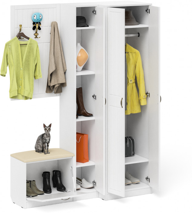 Прихожая П-6 Компоновка № 27, белая шагрень/фасады МДФ белое дерево фрезеровка прованс