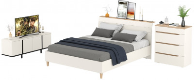 Муссон Кровать 11.41 + ортопед + Комод 13.97 + Тумба ТВ 13.276, цвет белый/чёрный/дуб эндгрейн элегантный, сп. м. 1600х2000 мм., б/м