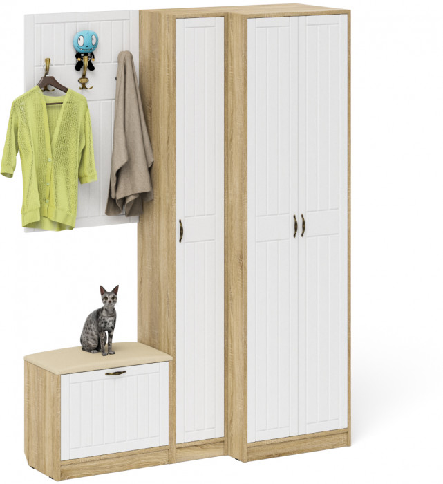 Прихожая П-6 Компоновка № 27, цвет дуб сонома/фасады МДФ белое дерево фрезеровка прованс, ШхГхВ 150х50х210 см., универсальная сборка