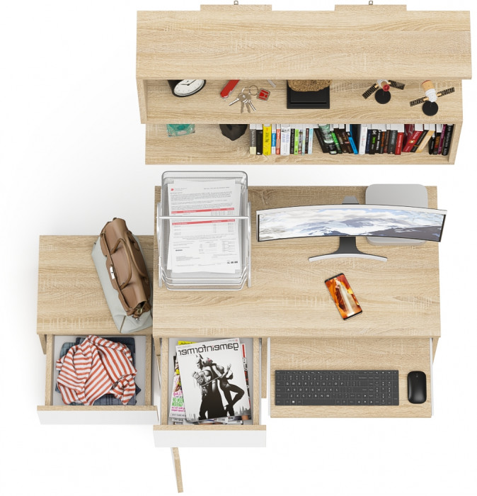 Мори компьютерный стол МС-1 левый + Тумба ТМП400.1 + Полка 900, дуб сонома/белый