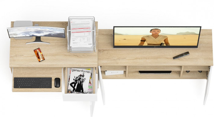 Мори компьютерный стол МС-1 правый + Тумба МТВ1200.1, дуб сонома/белый