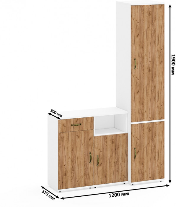 Лидер-8 Пенал МД 22Б + Тумба МД 3.15 + Тумба МД 3.19, цвет белый шагрень/крафт золото, ШхГхВ 120х37,5х190 см., универсальная сборка