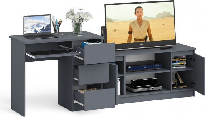 Мори Стол компьютерный МС-6 правый + Тумба МТВ1200.1, цвет графит, ШхГхВ 210,4х50х76,6 см., выдвижные ящики справа, НЕ универсальная сборка