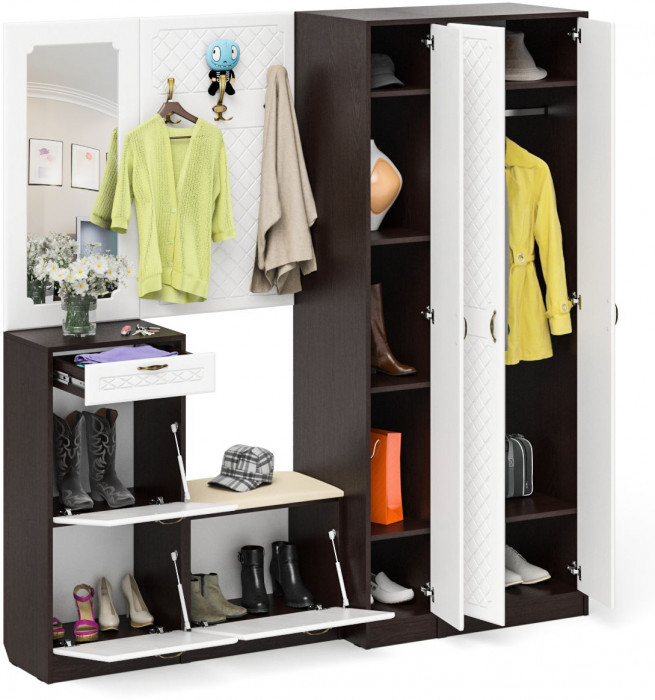 Прихожая П-6 Компоновка № 51, цвет венге/фасады МДФ белое дерево фрезеровка ромб, ШхГхВ 200х50х210 см., универсальная сборка