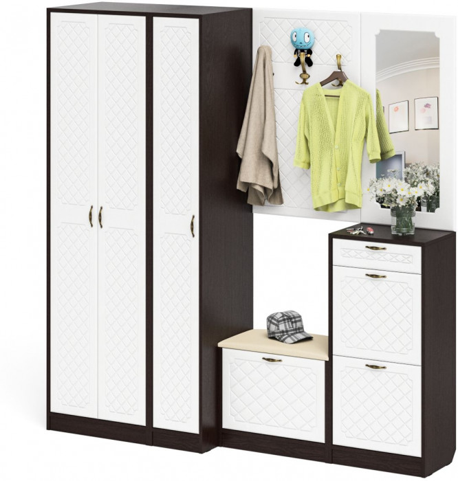 Прихожая П-6 Компоновка № 51, цвет венге/фасады МДФ белое дерево фрезеровка ромб, ШхГхВ 200х50х210 см., универсальная сборка