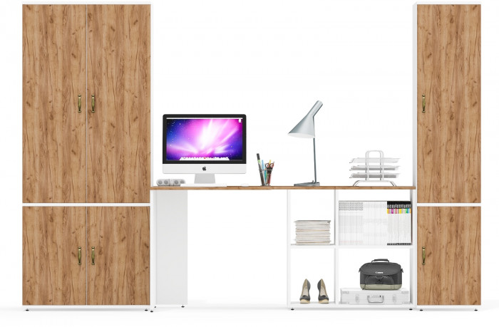 Лидер-8 Шкаф МД 20Б + Стол + Пенал 22Б, белый шагрень/крафт золото