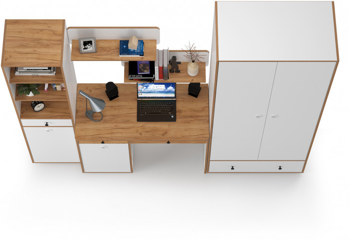 Вуди Компоновка № 23, цвет белый премиум/дуб крафт золотой, ШхГхВ 241х52,7х205 см., универсальная сборка