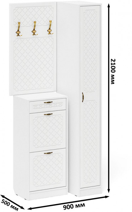 Прихожая П-6 Компоновка № 44, цвет белая шагрень/фасады МДФ белое дерево фрезеровка ромб, ШхГхВ 90х50х220 см., универсальная сборка