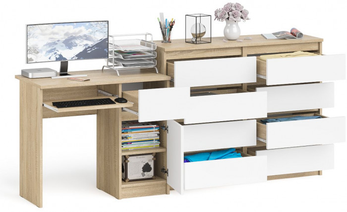 Мори компьютерный стол МС-1 правый + Комод МК1200.8, дуб сонома/белый