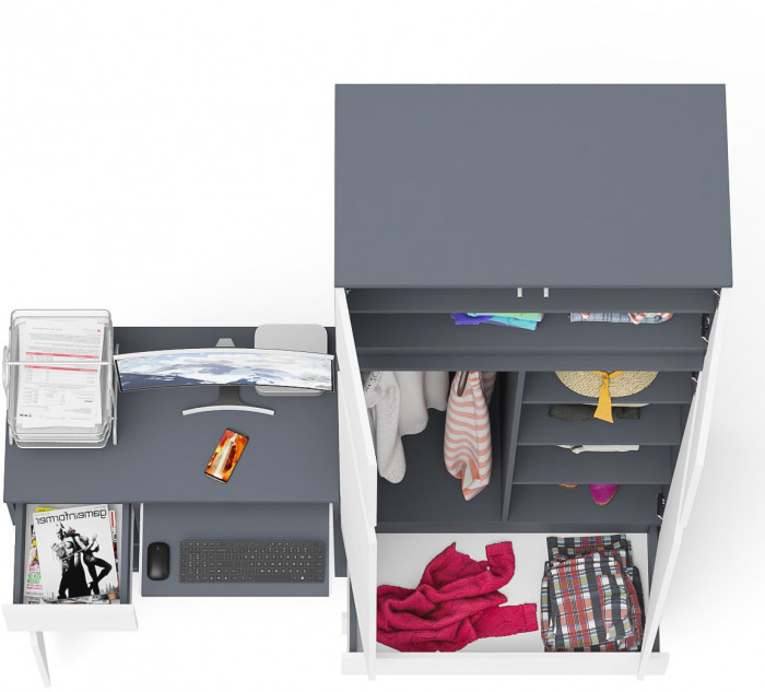 Мори Стол компьютерный МС-1 левый + Шкаф МШ900.1 + Антресоль МА900.1, цвет графит/белый, ШхГхВ 180,4х50,4х234,2 см., выдвижной ящик слева, НЕ ун. сб.