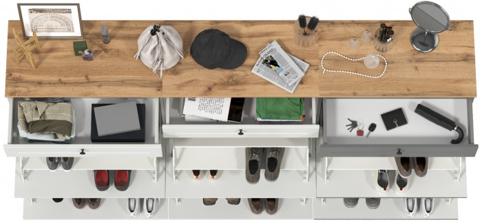 Остин 16.121 Тумба для обуви + 16.121 Тумба для обуви + 16.121 Тумба для обуви, белый шагрень/дуб крафт золотой