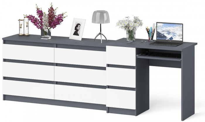 Мори Стол компьютерный МС-6 левый + Комод МК1380.6, цвет графит/белый, ШхГхВ 228х50х76,6 см., выдвижные ящики слева, НЕ универсальная сборка