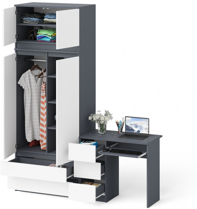 Мори Стол компьютерный МС-6 левый + Шкаф МШ900.1 + Антресоль МА900.1, цвет графит/белый, ШхГхВ 180,4х50,4х234,2 см., выдвиж. ящики слева, НЕ ун. сб.
