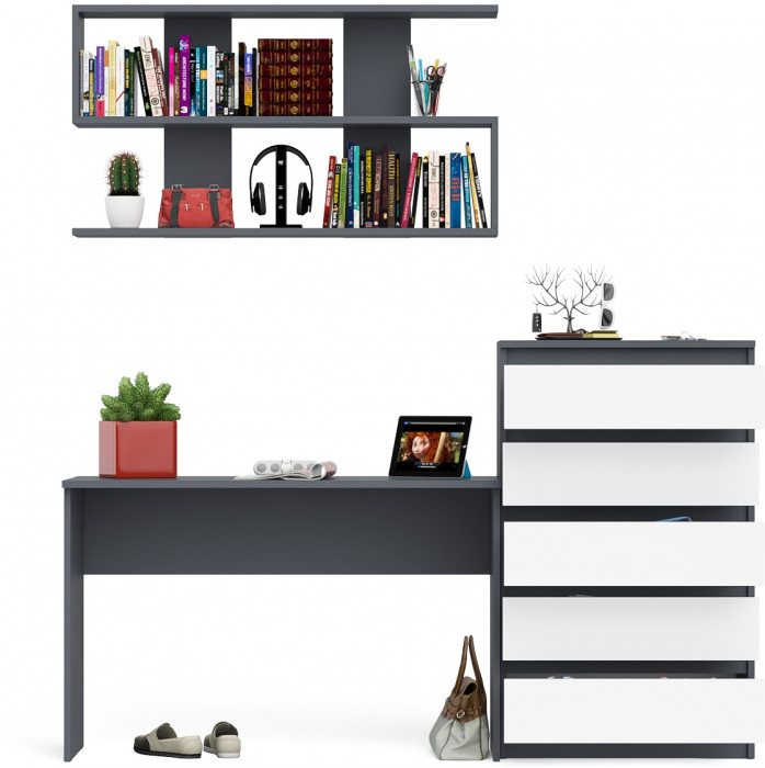 Мори Стол письменный МСП1200.1 + Комод МК700.5 + Полка 1200, цвет графит/белый, ШхГхВ 190,8х50х209,6 см., универсальная сборка