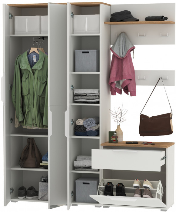 Октава Прихожая 15-123Н, цвет белый шагрень/дуб крафт золотой/фасады МДФ белый шагрень, ШхГхВ 161,5х35,4х197,6 см., универсальная сборка