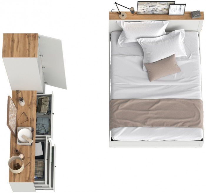 Остин 11.53 Кровать + ортопед + 13.225 Шкаф-пенал + 16.240 Комод, белый шагрень/дуб крафт золотой