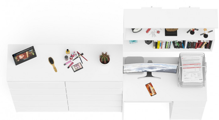 Мори Стол компьютерный МС-1 правый + Комод МК1200.10 + Полка 900, цвет белый, ШхГхВ 210,4х50х209,6 см., НЕ универсальная сборка