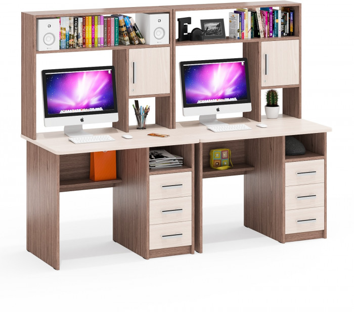 Стол компьютерный С-МД-СК9+Стол компьютерный С-МД-СК9, цвет ясень шимо светлый/ясень шимо тёмный, ШхГхВ 204х70х160 см., НЕ универсальная сборка